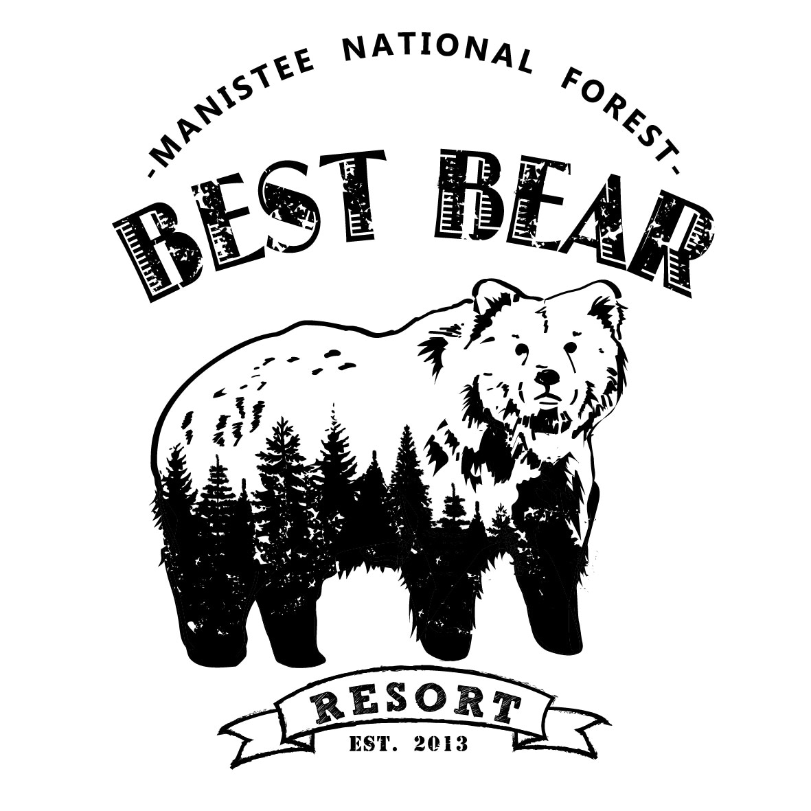 The logo features a stylized bear positioned in front of a forest silhouette. The text reads 'Best Bear Resort' with 'Manistee National Forest' at the top and 'EST. 2013' at the bottom, all designed in a bold, graphic style.