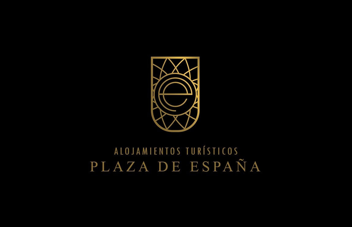 A stylized logo is displayed in gold against a black background. The design features an intricate geometric pattern surrounding the letter 'E,' accompanied by the text 'ALOJAMIENTOS TURÍSTICOS PLAZA DE ESPAÑA' positioned beneath the emblem.