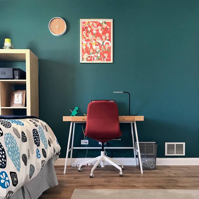 Private Bedroom: Desk with ethernet port and printer.
