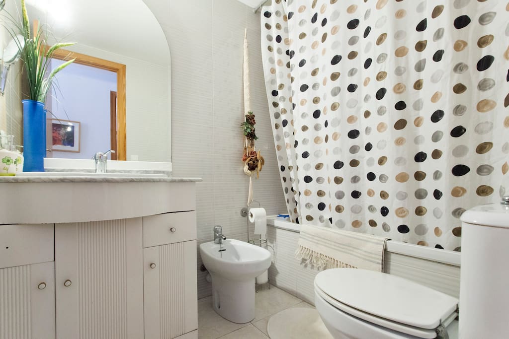 baño adecuado con bañera y bidet,asi como un gran espejo
