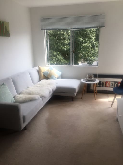 Lounge has a comfy couch, tv, unlimited wifi and google chromecast.