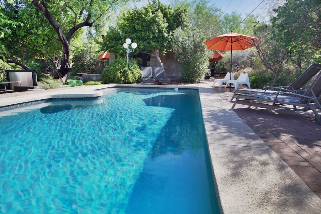 The deep end of the pool is 8 feet deep. We have plenty of floaters and pool toys.