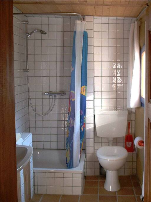 Bad mit Dusche und Blick auf´s Feld