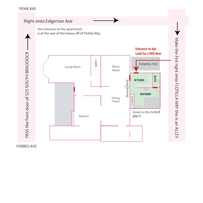 Directions and Floorplan showing how apartment connects to our house.