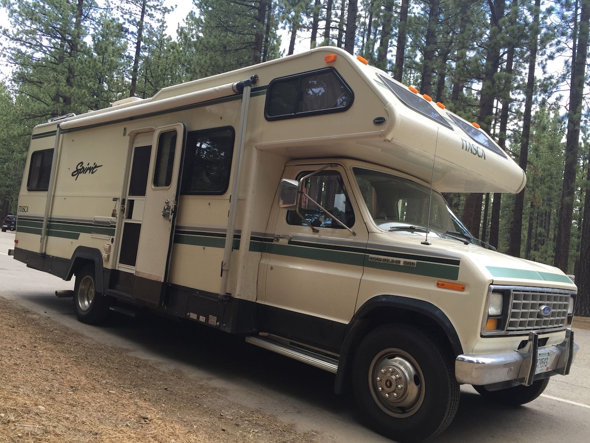 The motorhome is parked in a wooded area, showing its classic design with cream and green stripes. The spacious front cabin includes large windows, while the raised overhang offers added height. Surrounding trees provide a natural backdrop, enhancing the outdoor experience.