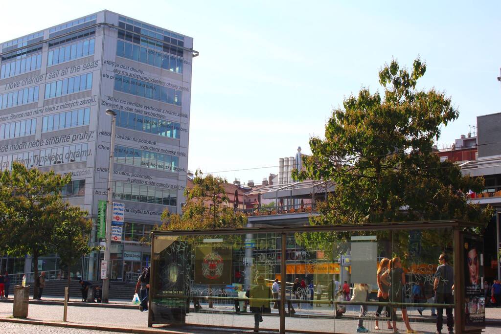 The neighborhood of Anděl. Tram stop and metro stop are less than a minute away.