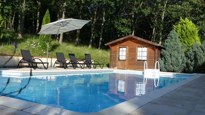 A sparkling blue pool occupies the center, surrounded by sun loungers positioned beneath a shaded umbrella. A wooden cabin with double windows is visible in the background, framed by lush greenery and trees. The area offers a serene outdoor environment.