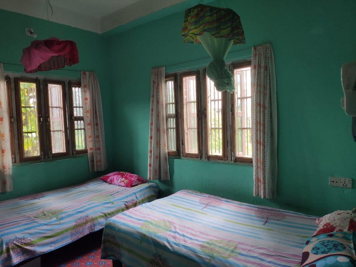 A vibrant room is characterized by green walls and colorful bedding. Two separate beds are positioned in the space, each adorned with patterned blankets. Four wooden windows allow natural light to enter, and light fabric curtains gently filter the sunlight.