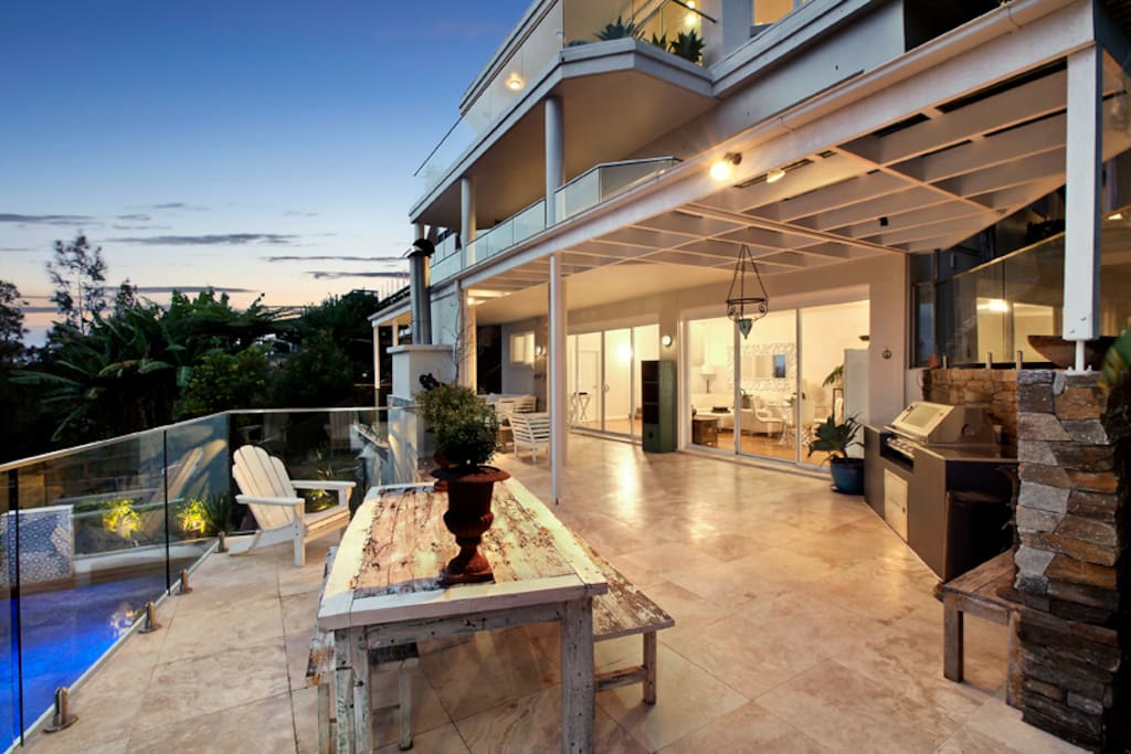 Outdoor sitting area barbeque and covered deck
