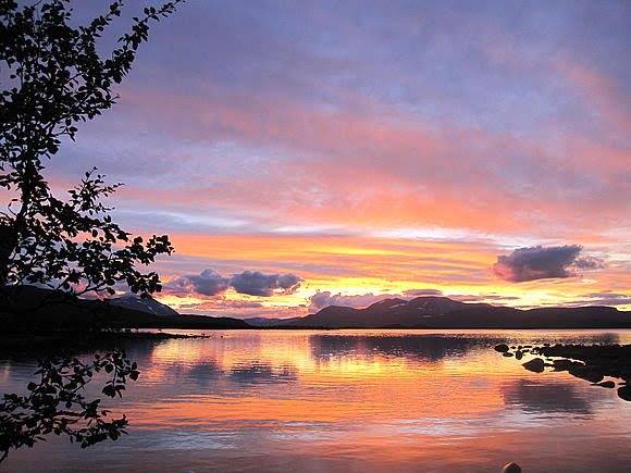 A tranquil sunset reflects on the still waters, creating a blend of warm hues across the sky and surface. Silhouettes of distant mountains and scattered clouds add depth to the scene, while the presence of dark tree branches frames the foreground.