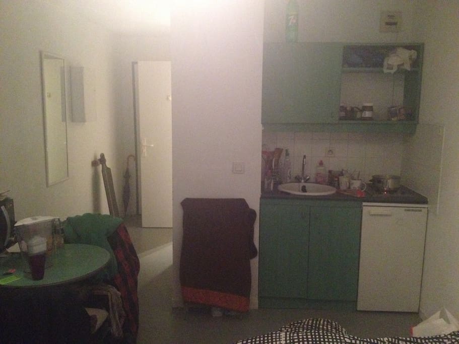Cuisine avec 2 plaques, un frigo + freezer, micro onde et placard à rangements dans le couloir.