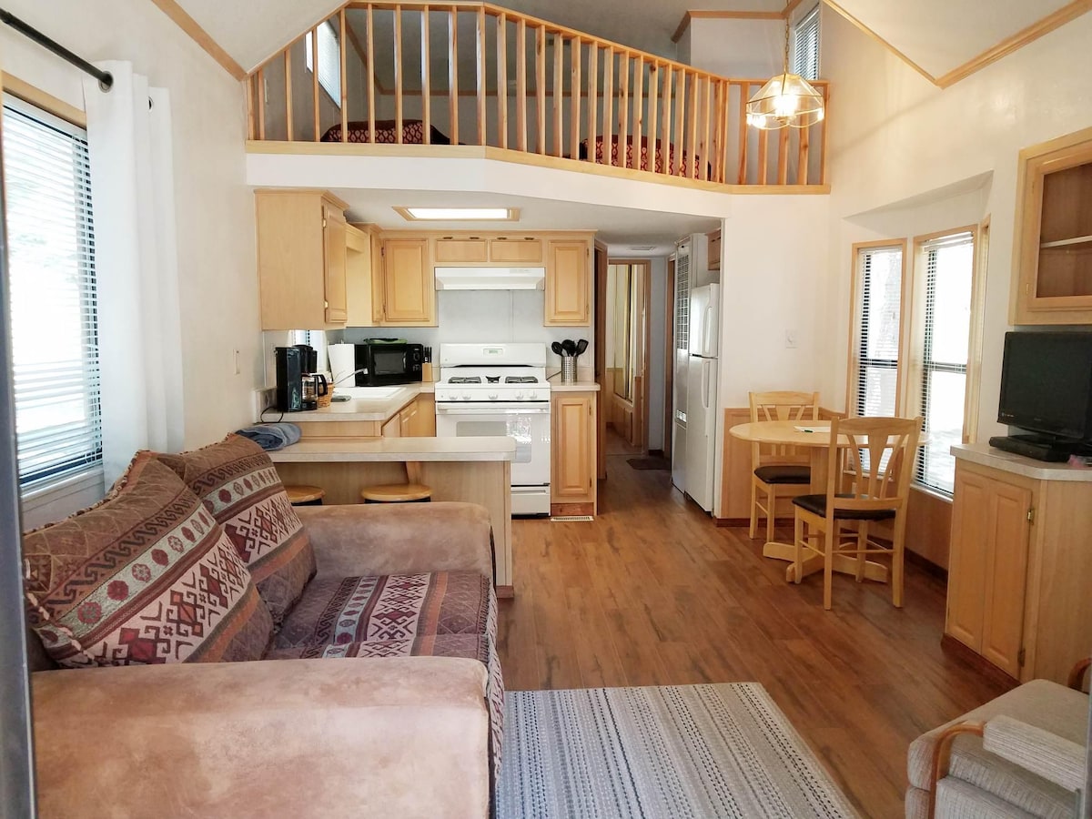 An open-concept living area showcases a cozy couch adorned with patterned cushions, paired with a dining set and a fully equipped kitchen. Large windows allow natural light to fill the room, while wood accents and flooring create a warm ambiance throughout the space.