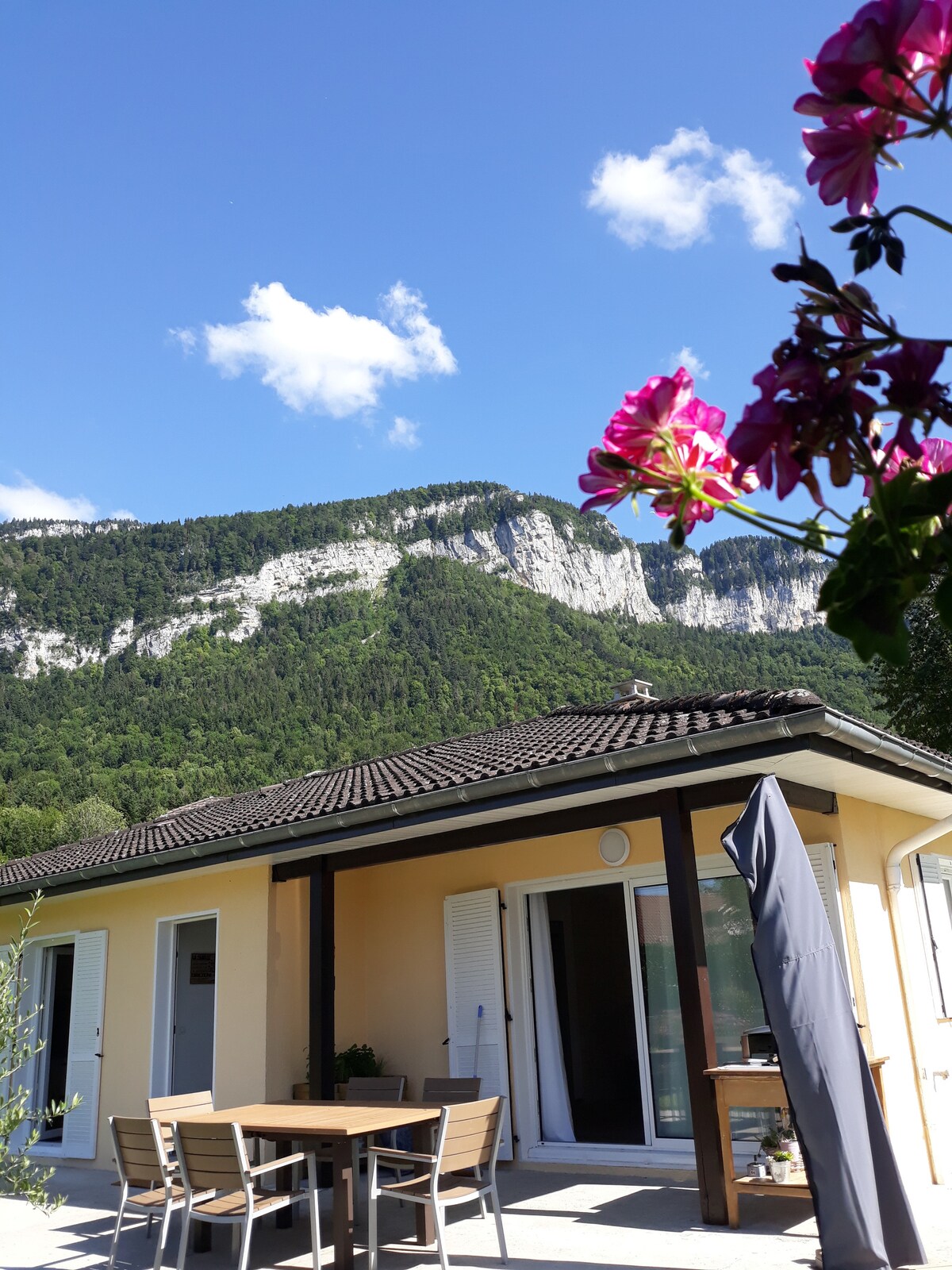 The exterior of a house is visible, featuring a patio with a table and chairs. Surrounding greenery is present, along with a flowering plant in front. Majestic mountains serve as a backdrop, under a blue sky with scattered clouds.