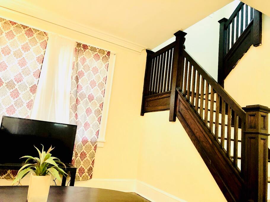 Living room features pull out sleeper sofa, smart tv with Hulu and Netflix as well as basic cable