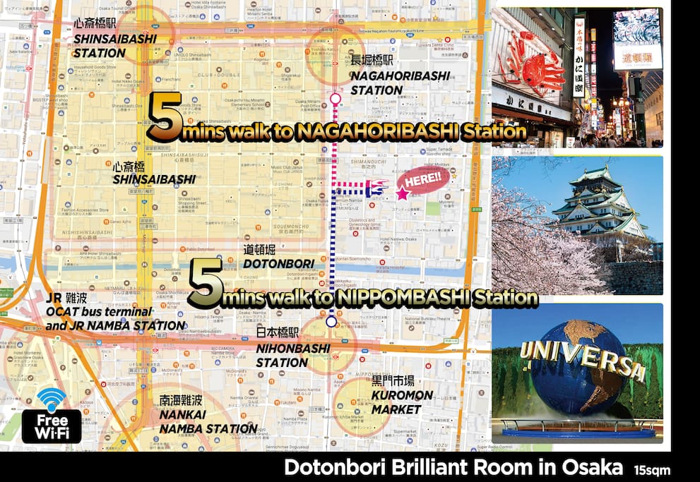 Brilliant Room 01 in Dotonbori debut for 1-3people very conveniently located // we can provide you by the original video from Nippombashi station and Nagahoribashi station how to go to the apartment. access is super easy. // 5min on your foot to Dotonbori, 8min to Kuromon Market.