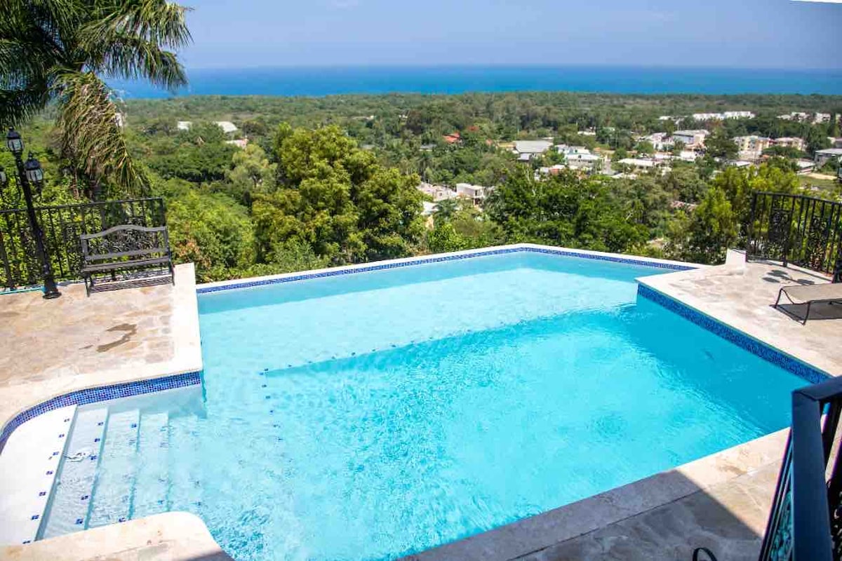 An inviting infinity pool extends from the villa's terrace, seamlessly blending with the horizon. The pool's clear blue water reflects the surrounding lush greenery and offers panoramic views of the Atlantic Ocean in the distance.