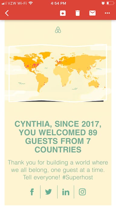 #SUPERHOST ...Airbnb has honored me with being a Superhost two years in a row... hosting 89 guests from 7 countries.