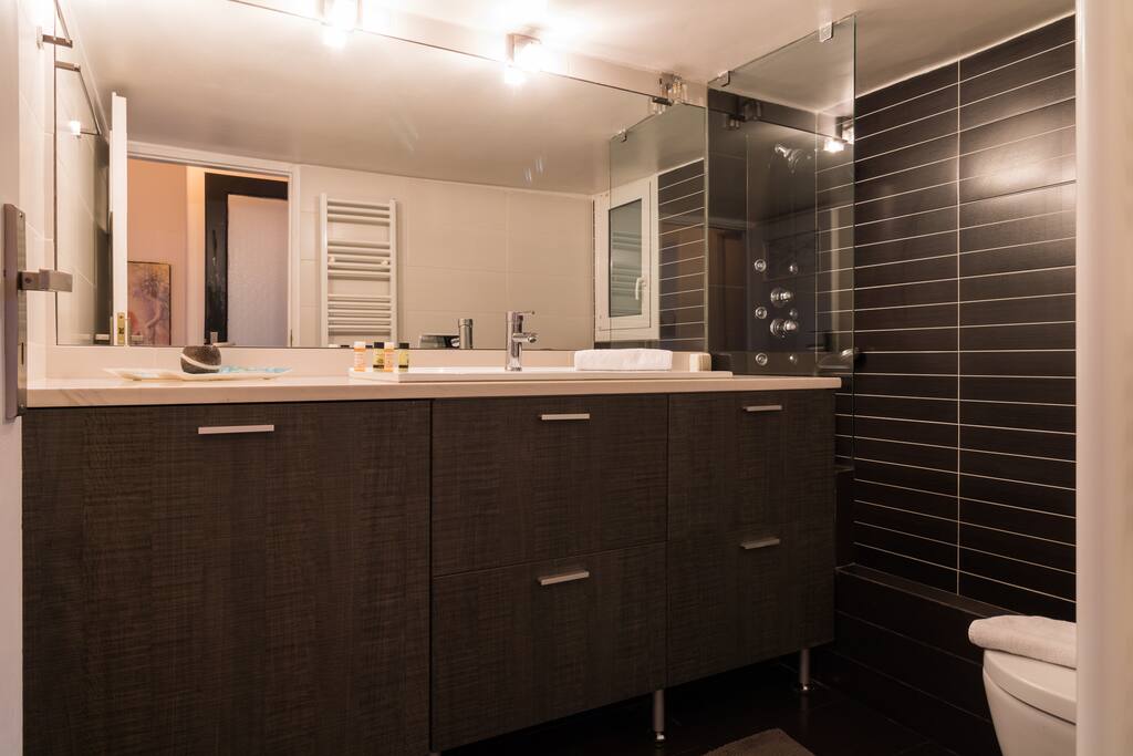 Modern bathroom equipped with Hydromassage column,
washing machine, hair dryer.