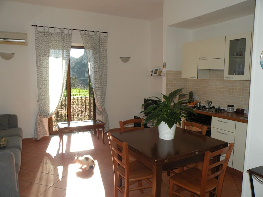 Soggiorno con tavolo e cucina