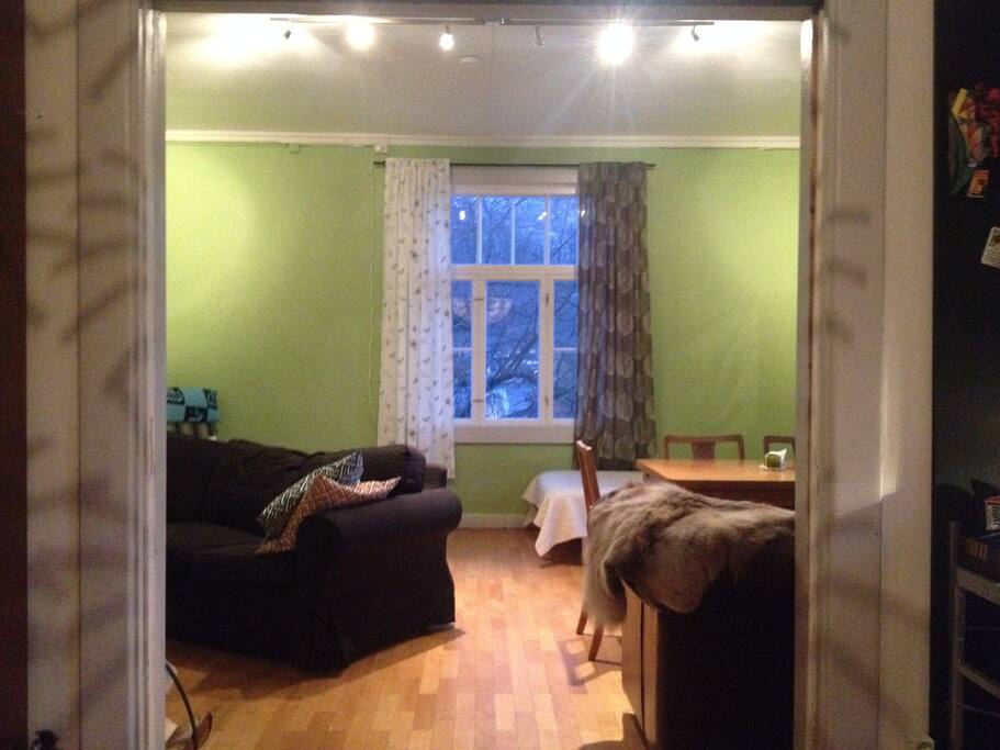 Livingroom with fireplace and second (120cm) bed.