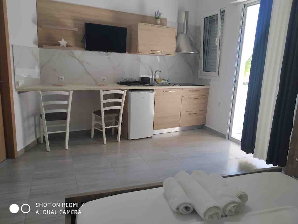 A modern kitchen area features wooden cabinetry and a compact dining set with two white chairs. A TV is mounted on the wall, and a refrigerator is positioned beside the kitchen. Natural light enters through the window near the entrance, illuminating the space.