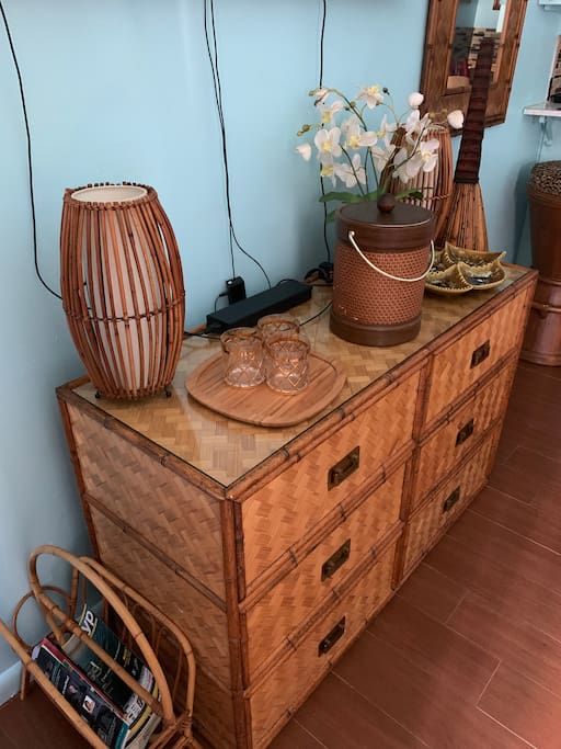 Bamboo Lamps, Rattan Buffet Credenza With Retro Ice Bucket & Barware!