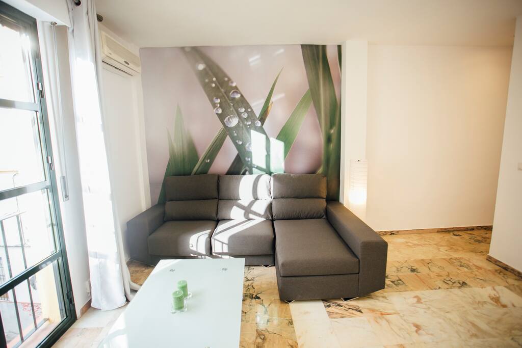 Vista frontal del salón, sofá chaise longue