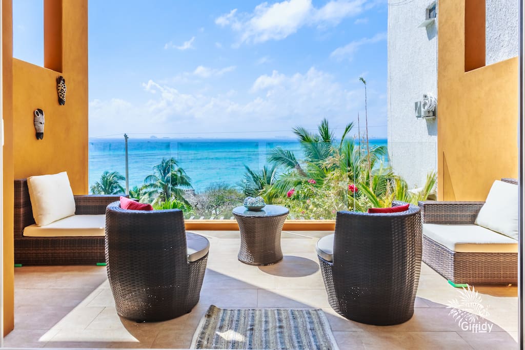 A look from the living room onto the private balcony.