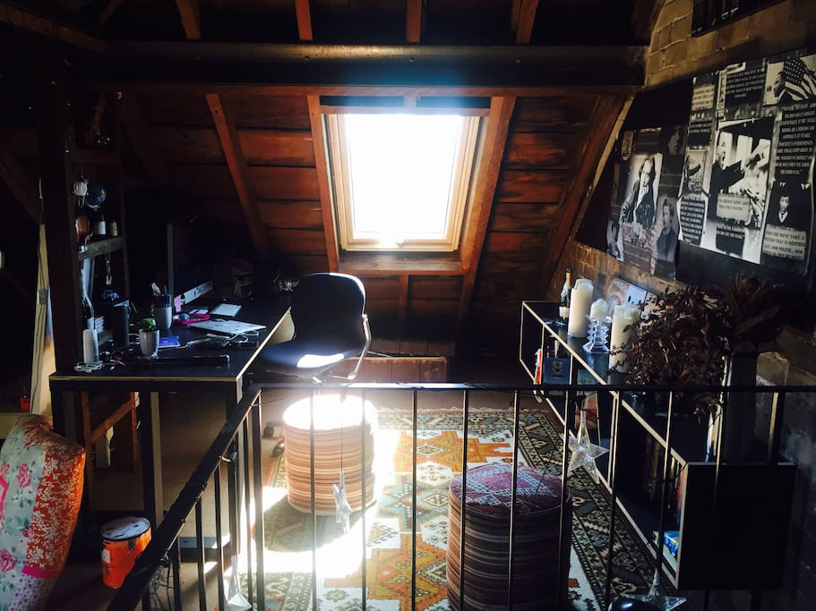 Arriving in the attic after the iron spiral stair from the beautiful 1880's heritage listed home below. Looking at the study area.