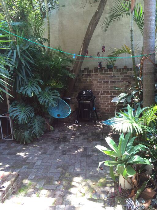 A nice relaxed courtyard with a BBQ, Palm Trees and Acapulco Chairs.