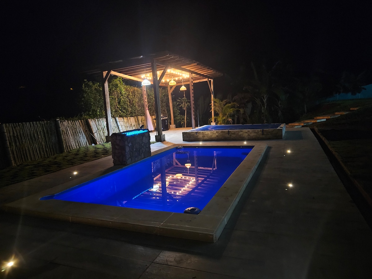 An illuminated outdoor area features a spacious swimming pool and a separate hot tub, both reflecting blue lighting. A covered pavilion with pendant lights offers a shaded space for relaxation. Lush greenery is visible in the background, creating a serene ambiance.