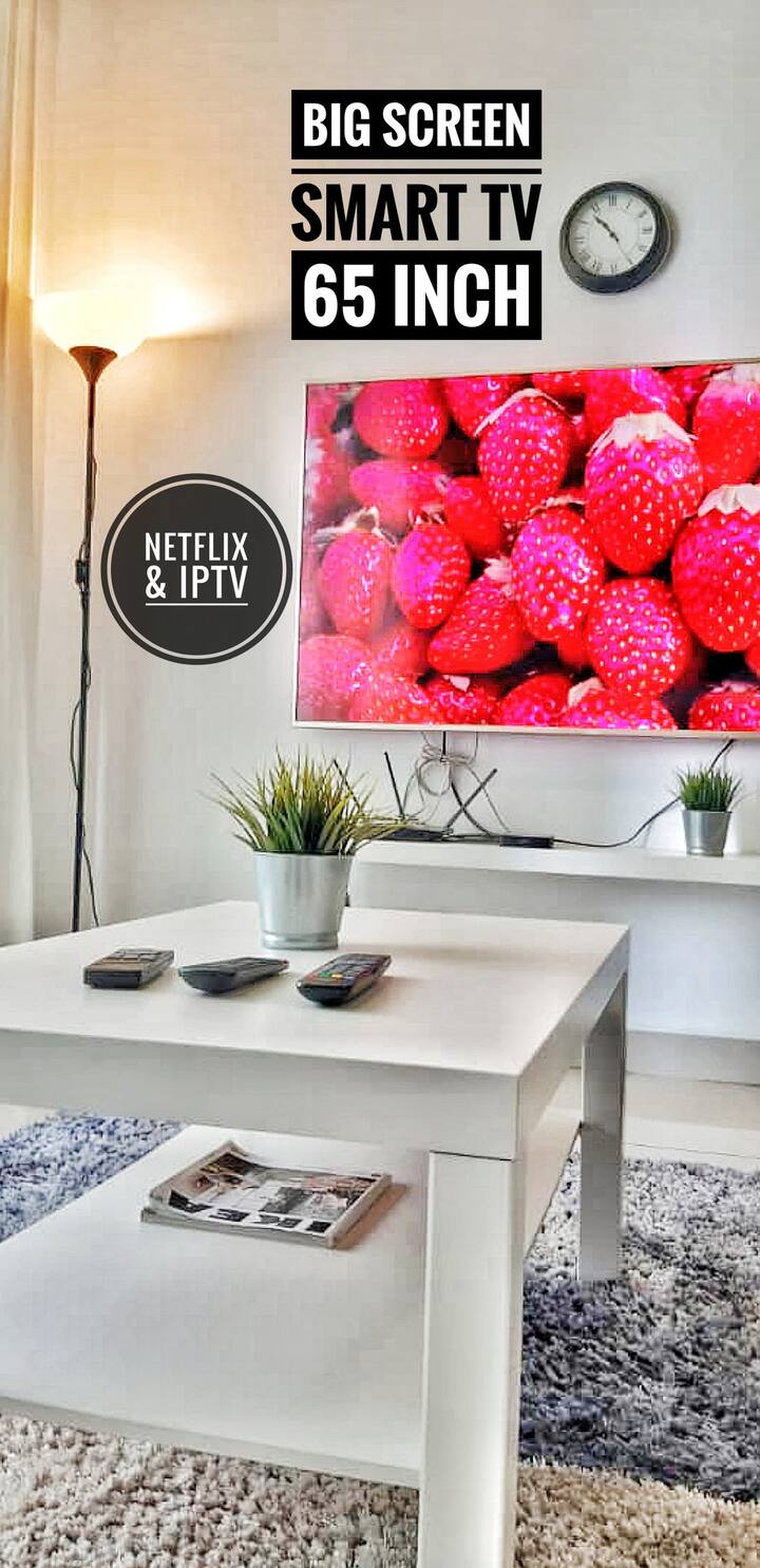 At living room, we have a 65 inch 4K UHD smart TV with free access to high-speed Internet (up to 100 Mbps). You can watch Youtube, Netflix, HBO, and many more local and international tv channels.