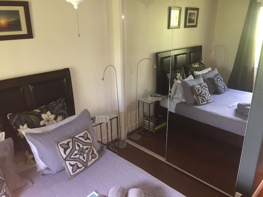 your bedroom with a Queen size bed and "mirror-door" closet