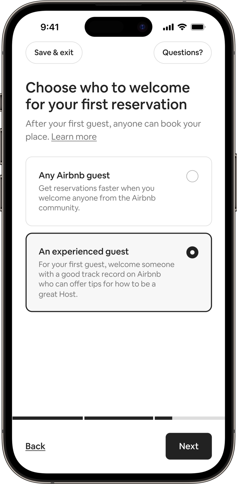 A phone shows a title saying: Choose who to welcome for your first reservation. Hosts can either opt to welcome any Airbnb guest, or they can opt to welcome an experienced guest. The experienced guest button has been selected.
