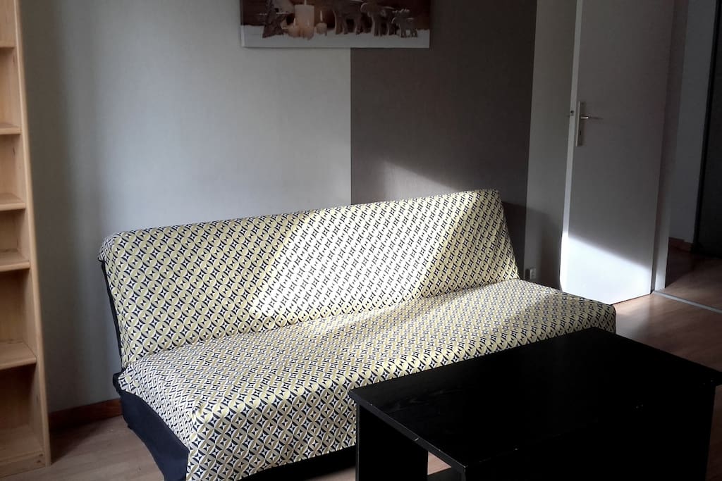 séjour avec canapé, bureau et étagère