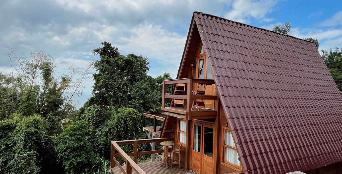 The wooden chalet features an A-frame design with a brown tiled roof. It has expansive balconies with wooden railings, surrounded by lush greenery. The exterior is crafted entirely from wood, creating a harmonious connection with the natural landscape.