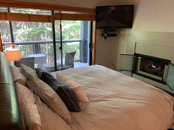 Primárna spálňa s plynovým krbom, vlastnou kúpeľňou a krásnym výhľadom na les.