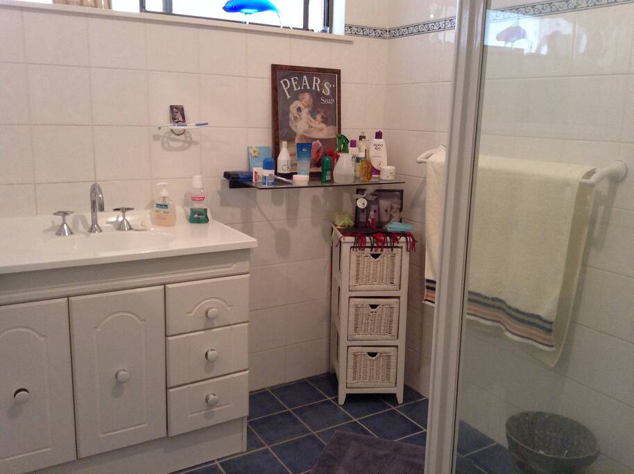 Clean, tidy bathroom with roomy shower