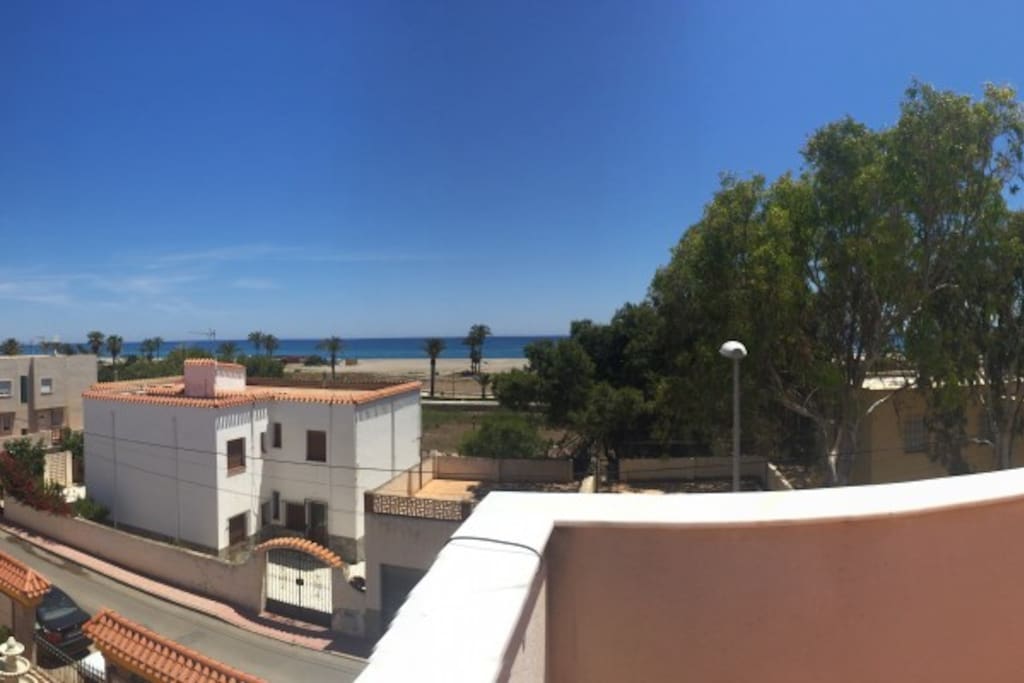 Stunning roof top with amazing views of the Med and the Mountains behind.