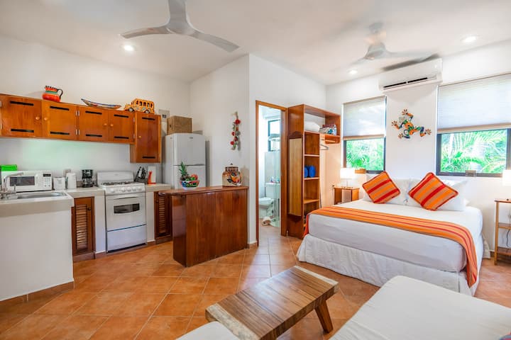 Lovely bright studio casita with mexican flare.  Everything you need is here!  AC, ceiling fan and screened windows and doors to provide ultimate temperature control.