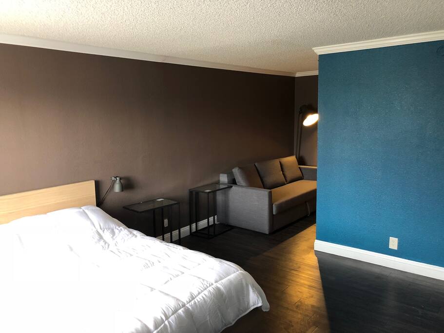 Queen bed with memory foam mattress. Convertible couch that sleeps two.