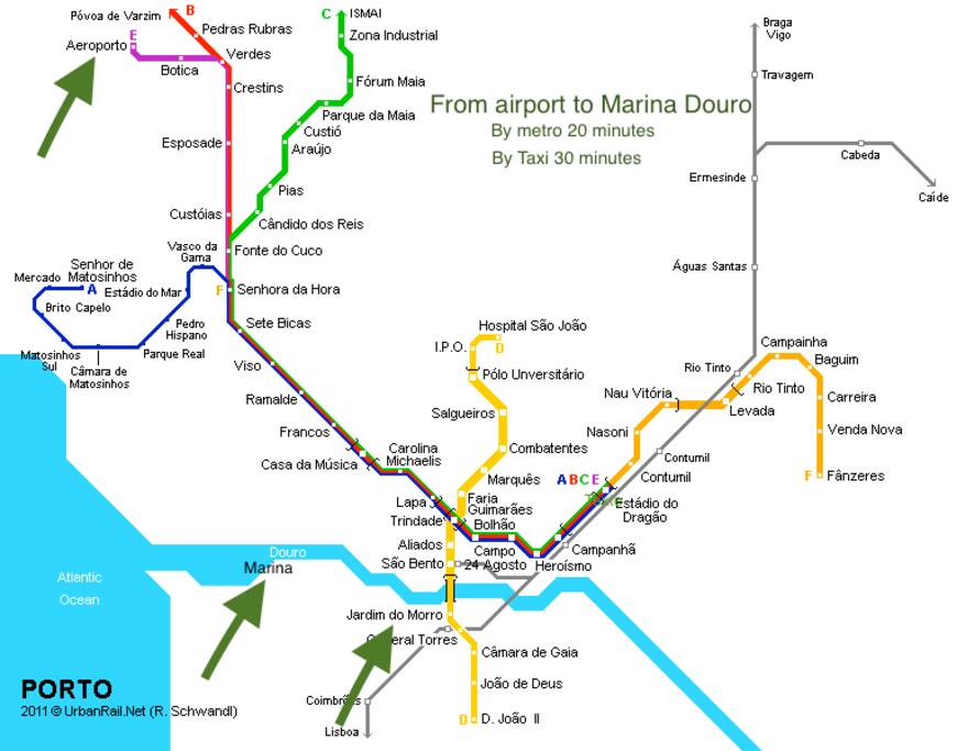 By Metro : Go to Jardim do Morro station and walk 4km, alongside Douro to the Marina or take a taxi at this station for 12 minutes and about 14 euros.