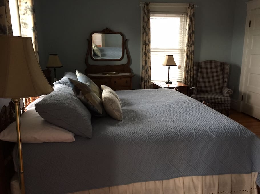 King Bed, desk, private bath, TV, fridge