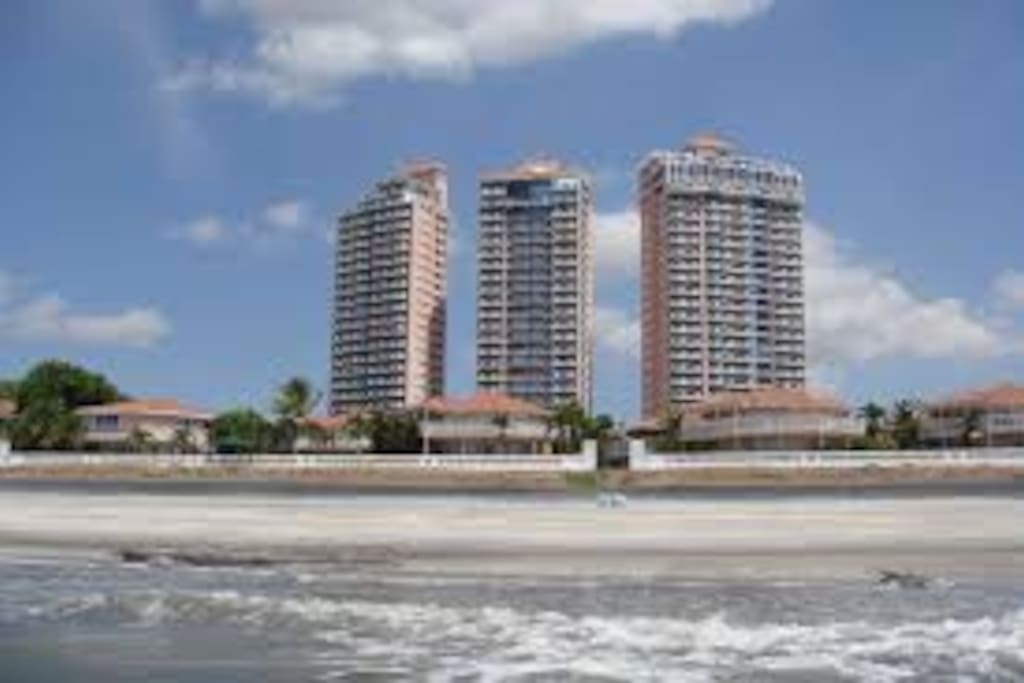 View of the buildings from the ocean.