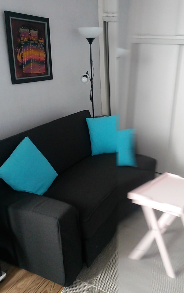 A cozy sitting area features a dark sofa complemented by two bright blue accent pillows. A small pink side table is positioned nearby, while a decorative framed poster hangs on the wall. Soft lighting is provided by a standing lamp in the corner.
