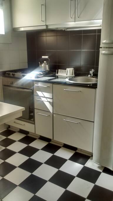 Cocina con horno eléctrico, anafe a gas, heladera, vajilla completa.