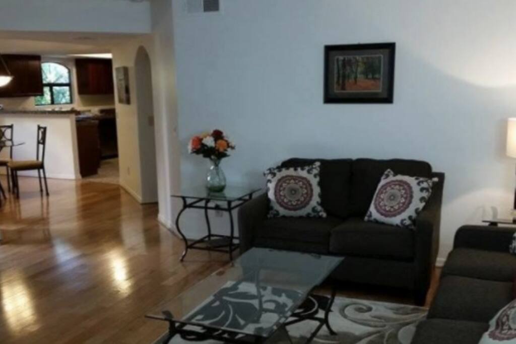 Large open Family Room with wood floors