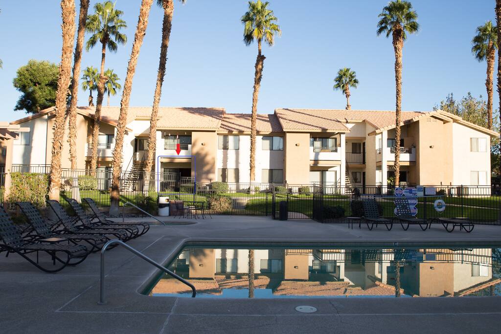 Pool and Jacuzzi with condo unit in background (see highlighted area)