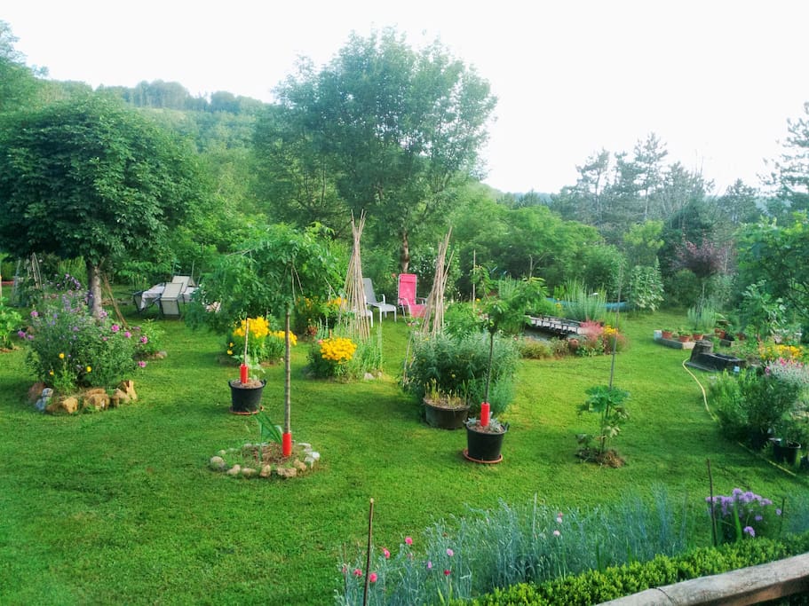 Le parc ( coté nord). Vous pourrez y prendre votre petit déjeuner à la belle saison.Vous reposez dans le hamac , ou les fauteuils dans le plus grand calme.