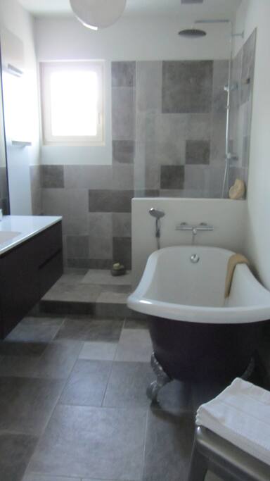 salle de bain avec douche et baignoire